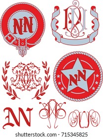 Set of NN monograms and decorative emblem templates with two letters FF. Vector collection