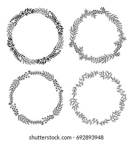 Set no. 3 of four floral wreaths made from hand drawn leaves and flowers