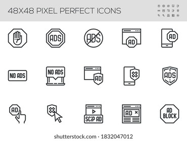 Set Of No Ads Vector Line Icons. Ads Blocking, Advertisement Blocking Sign. Editable Stroke. 48x48 Pixel Perfect.