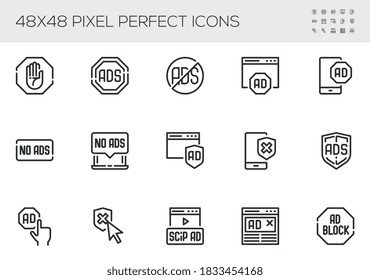 Set of No Ads Vector Line Icons. Ads Blocking, Advertisement Blocking sign. Editable Stroke. 48x48 Pixel Perfect.