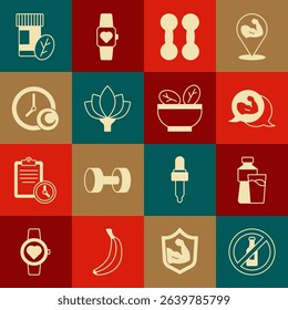 Set No alcohol, Bottle of water with glass, Bodybuilder muscle, Dumbbell, Lotus flower, Time to sleep, Vitamin pill and Salad bowl icon. Vector