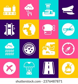 Set No alcohol, Compass, Smoking, Airport control tower, Worldwide, Parachute, Conveyor belt with suitcase and Airship icon. Vector