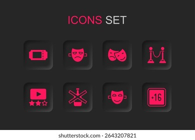 Set Sem álcool, Drama máscara teatral, Bilhete de cinema, Comédia, Rope barreira, Mais 16 filme, e máscaras de tragédia e ícone de classificação. Vetor