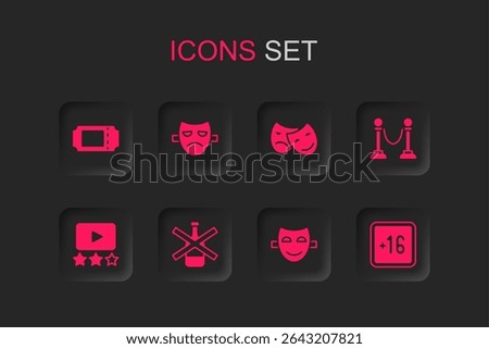 Set No alcohol, Drama theatrical mask, Cinema ticket, Comedy, Rope barrier, Plus 16 movie, and tragedy masks and Rating icon. Vector
