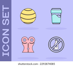 Set No alcohol, Fitness ball, Women waist and Glass with water icon. Vector
