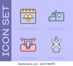 Set No alcohol, Heart rate, Bench with barbel and Ambulance and emergency car icon. Vector