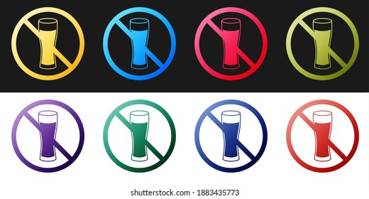 Set No alcohol icon isolated on black and white background. Prohibiting alcohol beverages. Forbidden symbol with beer bottle glass. Vector.