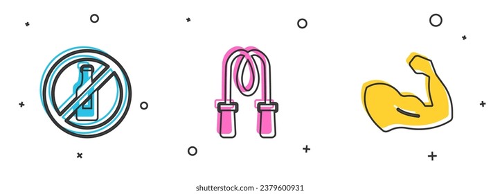 Set No alcohol, Jump rope and Bodybuilder muscle icon. Vector