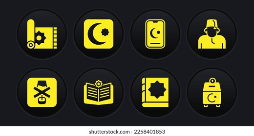 Set No alcohol, Muslim man, Holy book of Koran, Star and crescent, Donate pay your zakat and Traditional carpet icon. Vector