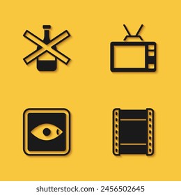 Set No alcohol, Play video, Rating movie and Retro tv icon with long shadow. Vector
