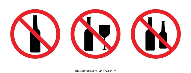 Set of no alcohol vector signs. Prohibited icons of drink alcohol. Do not drink alcohol in this area vector illustration.