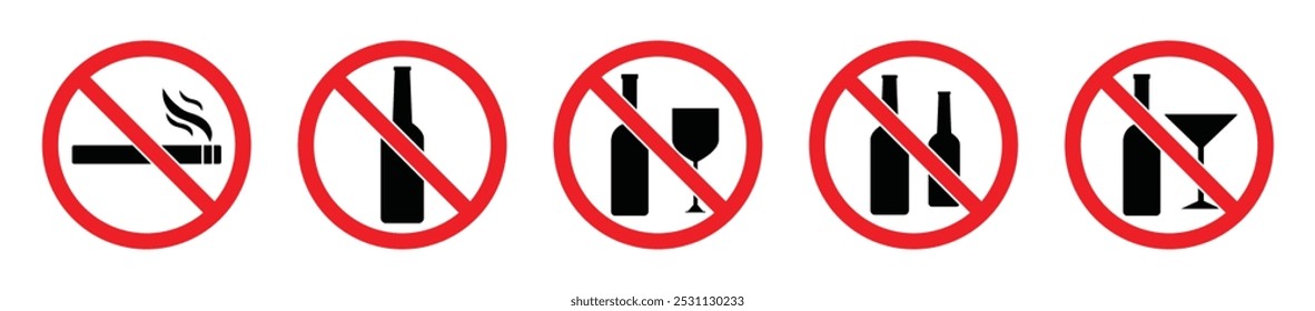 Conjunto de iconos de signos de Vector sin alcohol aislados en color rojo y negro. No beba alcohol en esta área. Iconos prohibidos de beber alcohol o no fumar cantan símbolo. Símbolo de prohibición. Símbolo de señal de alto.