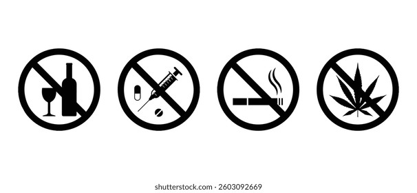 Set of no alcohol vector signs icon isolated set in black color. Do not drink alcohol in this area. Prohibited icons of drink alcohol or no smoking sing symbol. Ban symbol. Stop sign symbol.