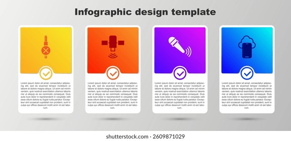 Set No audio jack, Satellite, Wireless microphone and Cloud technology data. Business infographic template. Vector