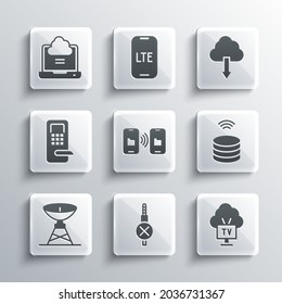 Set No audio jack, Smart Tv, data server, Data transfer and storage, Satellite dish, Digital door lock, Network cloud connection and Cloud download icon. Vector