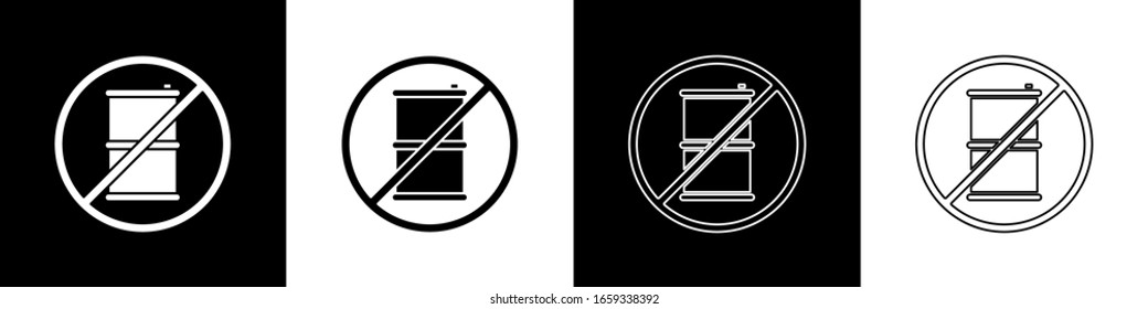 Set No barrel for gasoline icon isolated on black and white background. Diesel gas icon.  Vector Illustration