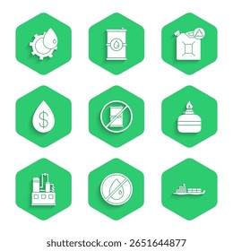 Set Nenhum barril para gasolina, gota de óleo, navio petroleiro, queimador de álcool, construção de fábrica industrial, com dólar, botija de combustível Eco e ícone. Vetor