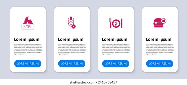 Set No burger, Vegan food diet, Gluten free grain and Kcal. Business infographic template. Vector