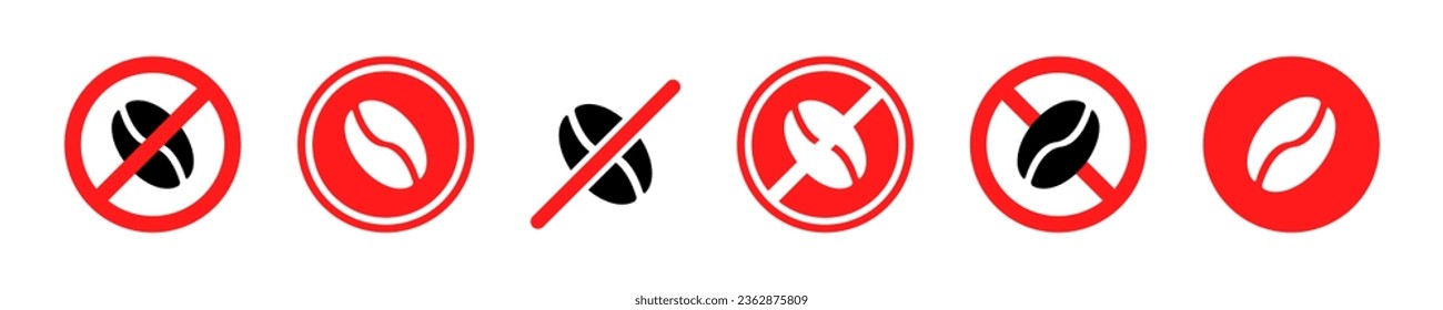 Juego de iconos vectoriales de cafeína no. Bebida descafeinada. Etiquetas rojas prohibidas sin cafeína. Vector 10 Eps.