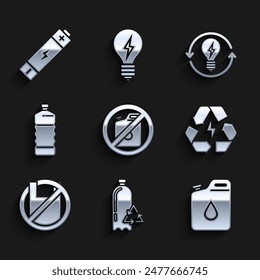 Set No canister for gasoline, Recycling plastic bottle, Canister, Battery with recycle symbol, Say no to bags poster, Plastic, Recycle and light bulb lightning and  icon. Vector