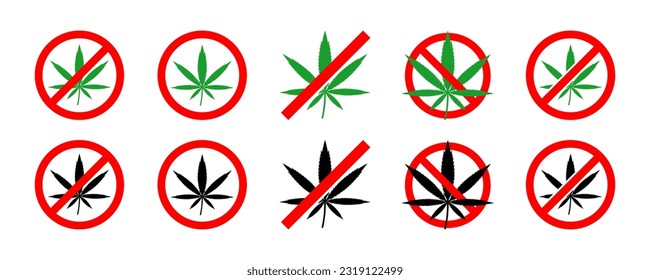 Set of no cannabis vector icons. Forbidden or ban marijuana. Stop drugs. No hemp.
