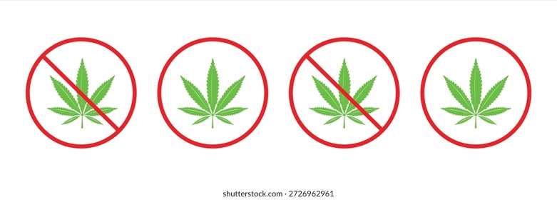 Conjunto de ícones de vetor sem cannabis. Proibiu ou baniu a maconha. Pare com as drogas. Sem cânhamo.