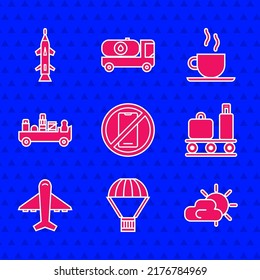 Set No cell phone, Box flying parachute, Sun and cloud weather, Airport conveyor belt with suitcase, Plane, luggage towing truck, Coffee cup and Rocket icon. Vector