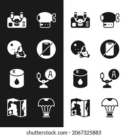 Set No cell phone, Modern pilot helmet, Aircraft steering, Airship, Barrel oil, Box flying parachute and World travel map icon. Vector