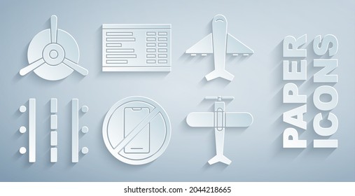 No establece el icono de teléfono móvil, avión, pista de aterrizaje del aeropuerto, placa y hélice. Vector