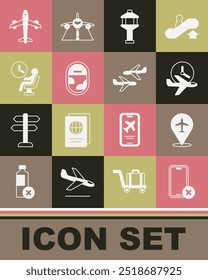 Set No cell phone, Plane, Flight time, Airport control tower, Airplane window, Human waiting airport terminal,  and  icon. Vector