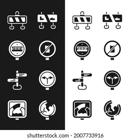 Set No cell phone, Railroad crossing, Road barrier, traffic sign, Fork the,  and Drawbridge ahead icon. Vector