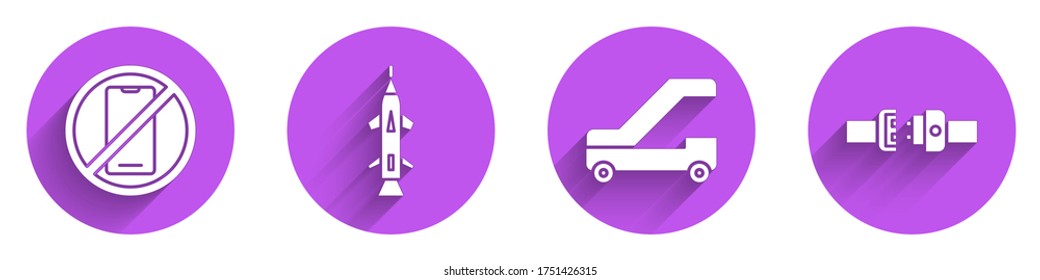 Set No cell phone, Rocket, Passenger ladder for plane boarding and Safety belt icon with long shadow. Vector