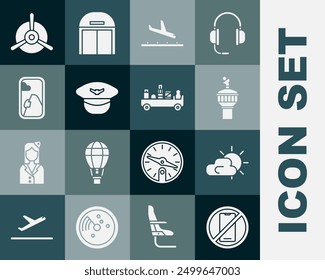 Set No cell phone, Sun and cloud weather, Radar, Plane landing, Pilot hat, Airplane window, propeller and Airport luggage towing truck icon. Vector