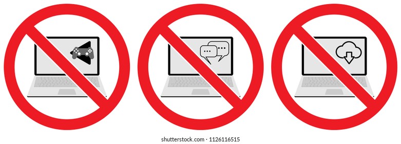 set no computer or laptop sign ,play game,chat,download isolated on white background,warning label vector eps 10.