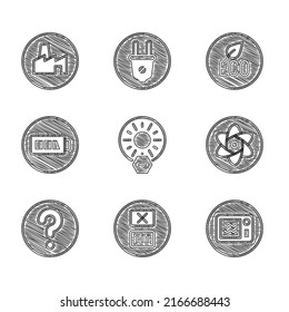 Set No direct sunlight, Temperature wash, Microwave oven, Test tube and flask, Unknown search, Battery, Leaf Eco symbol and Factory production icon. Vector