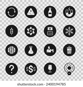 Set No direct sunlight, Trash can, Snowflake, Bottle, Test tube and flask, Wheat, Recycle symbol and Temperature wash icon. Vector