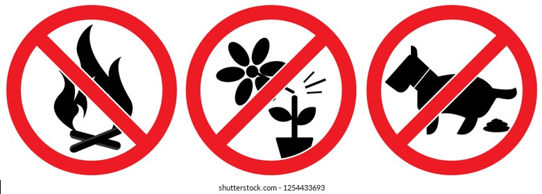 set no dog or pet ,no fire ,don't destroy flower sign isolated on white background,warning label vector eps 10.