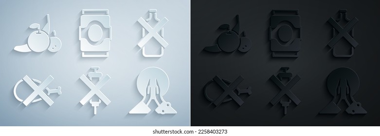 Set No doping syringe, alcohol, meat, Meditation, Soda can and Fruit icon. Vector