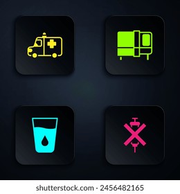 Set No doping syringe, Ambulance and emergency car, Glass with water and Bed. Black square button. Vector