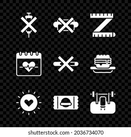 Set No doping syringe, junk food, Tape measure, Sun, Sports nutrition, Bench with barbel, Heart rate and Smoking icon. Vector