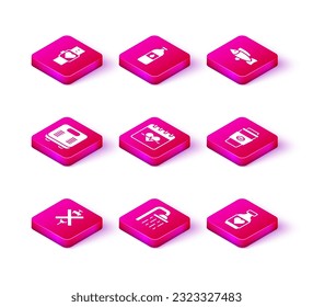 Set No doping syringe, Shower head, Bathroom scales, Heart rate, Vitamin pill, Coffee cup to go, Fish and Bottle water icon. Vector
