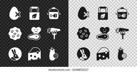 Set No egg, Shopping bag with recycle, Cooking pot and chicken leg, Rabbit, Cheese, Eggplant, Cookie or biscuit and Steak meat icon. Vector