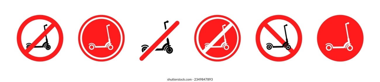 Set of no electric scooter vector icons. Red signs with stop, ban, prohibition, forbidden ride electric scooter. Vector 10 Eps.