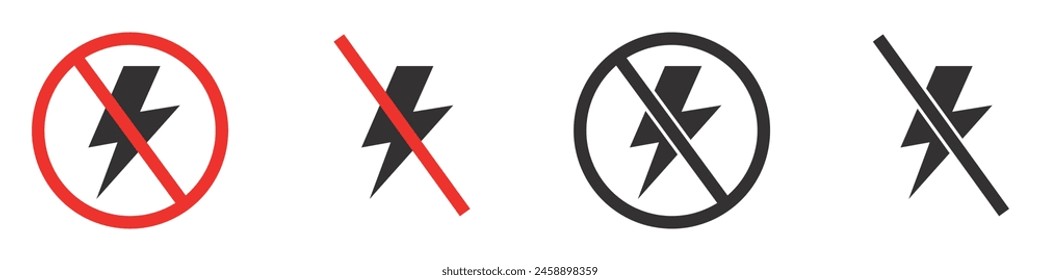 No hay señales de electricidad. No hay símbolo del rayo, ban. Iconos de apagón, corte de energía, advertencia brillante. Vector. EPS10.