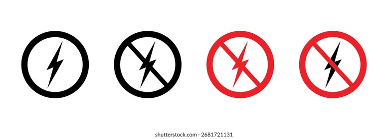Conjunto de no hay señales de electricidad. no hay símbolo de relámpago, prohibición. iconos de apagón, corte de energía, advertencia brillante. Ilustración vectorial. Eps 10.