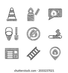 Set No fire, Fire escape, Location with flame, Cigarette, Building of station, shovel and bucket, Telephone call 911 and Traffic cone icon. Vector