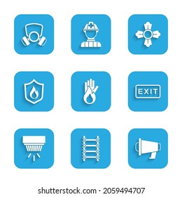 Set No fire, Fire escape, Megaphone, exit, Smoke alarm system, protection shield, Firefighter and Gas mask icon. Vector