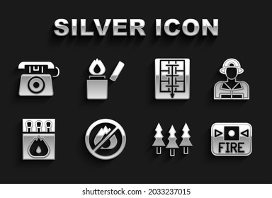 Set No fire, Firefighter, alarm system, Forest, Matchbox and matches, Evacuation plan, Telephone call 911 and Lighter icon. Vector