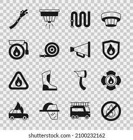 Set No fire, Firefighter, protection shield, hose reel, Ringing alarm bell,  and Megaphone icon. Vector