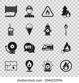 Set No fire, Hand holding a, Burning match with, Fire flame triangle, cone bucket, Walkie talkie, hose reel and hydrant icon. Vector
